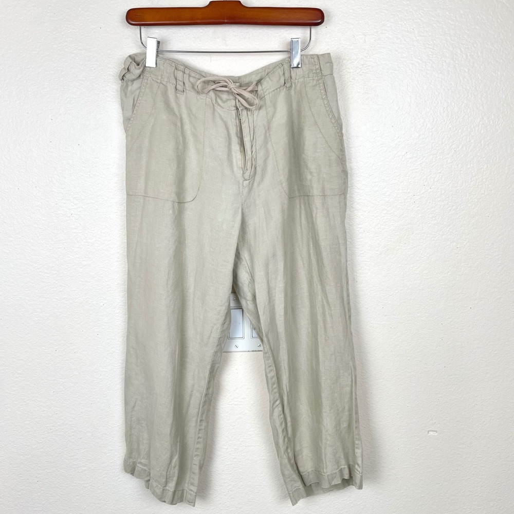 Womens Pants Sz 12 %100 Linen Cropped Beachy Minimalist Coastal Wide Leg Travel